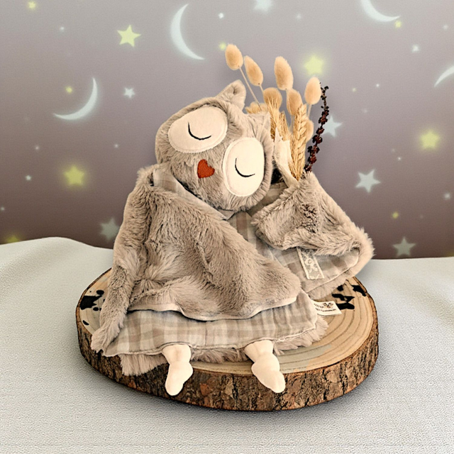 Doudou hiboux fourrure beige 