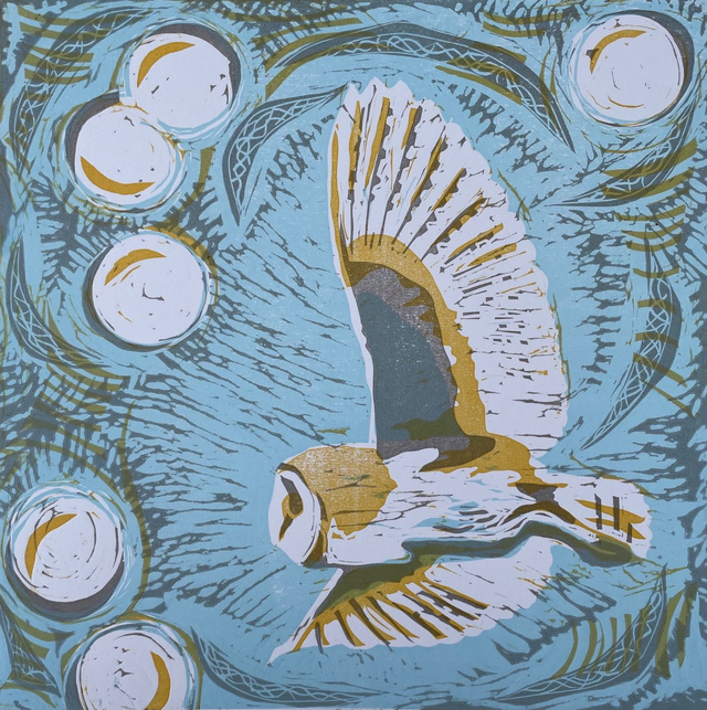 Barn owl hunting, limited edition linocut print