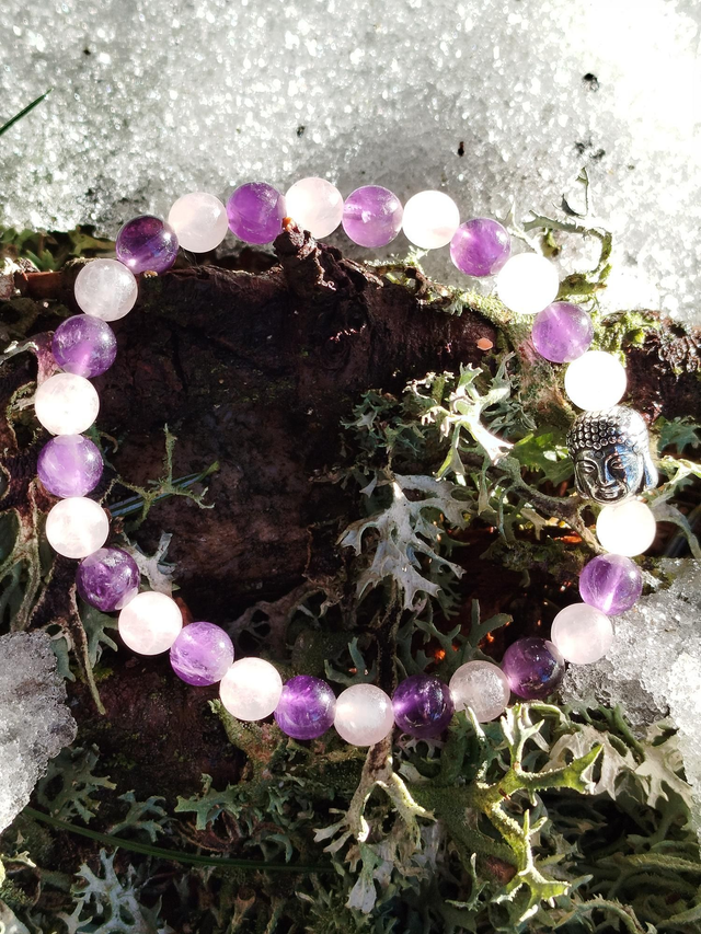 Bracelet Améthyste/Quartz rose perle Bouddha 