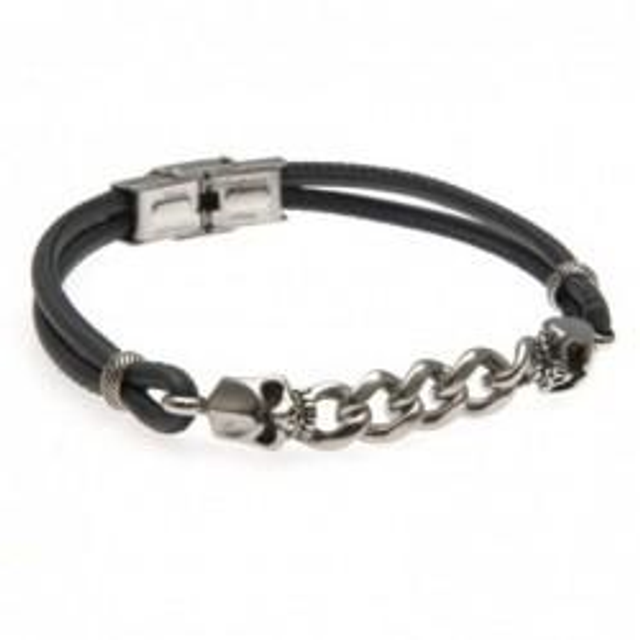 Bracciale uomo in pelle blu con catena acciaio e teschi