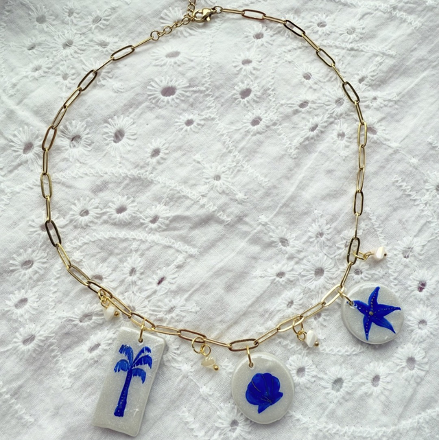 Blue Seaside Charm  Necklace - 16” 18K Gold Plated