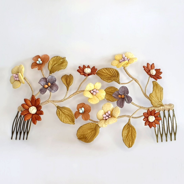 Peinetas dobles tocado de flores y hojas para coleta o trenza Ivy