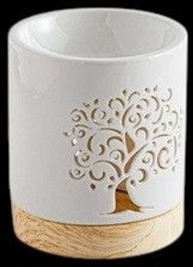 Brûle-parfum arbre de vie en céramique blanche et bois