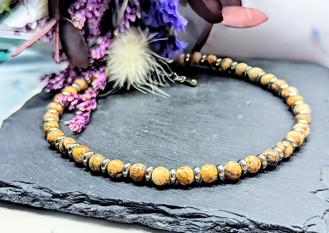 Picture Jasper Gemstone & Stainless Steel Beaded Anklet