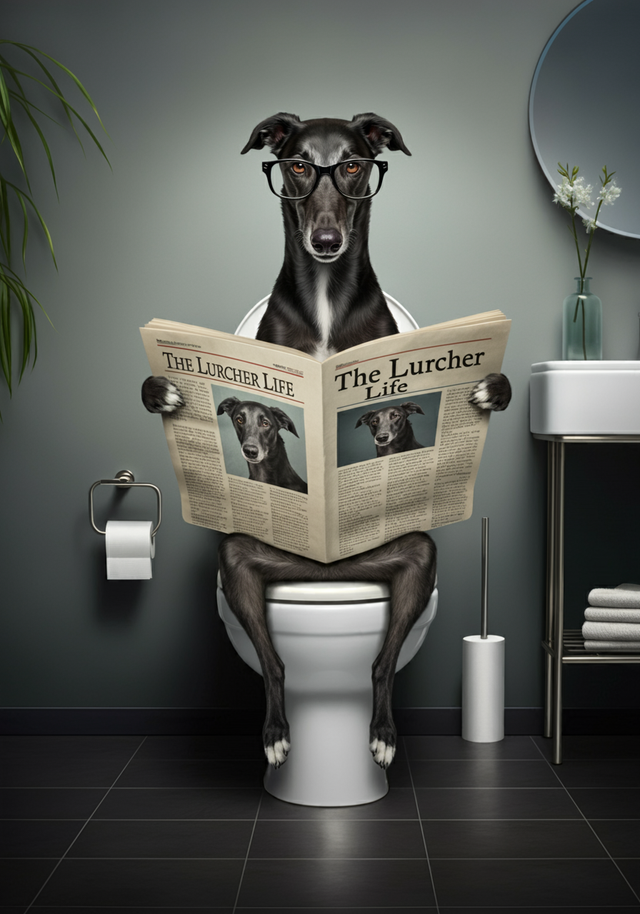 Lurcher on the Toilet Framed Canvas