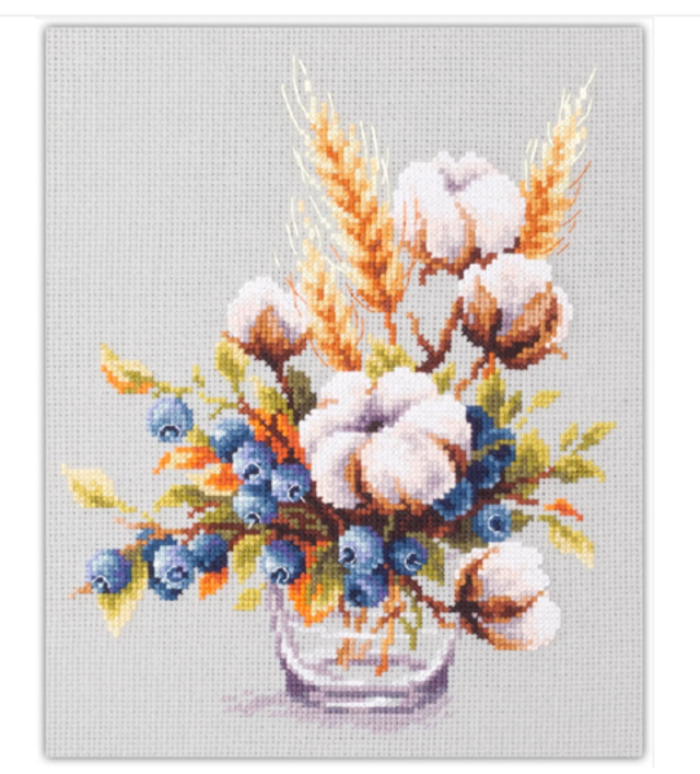 Blühende Baumwolle und Blaubeeren