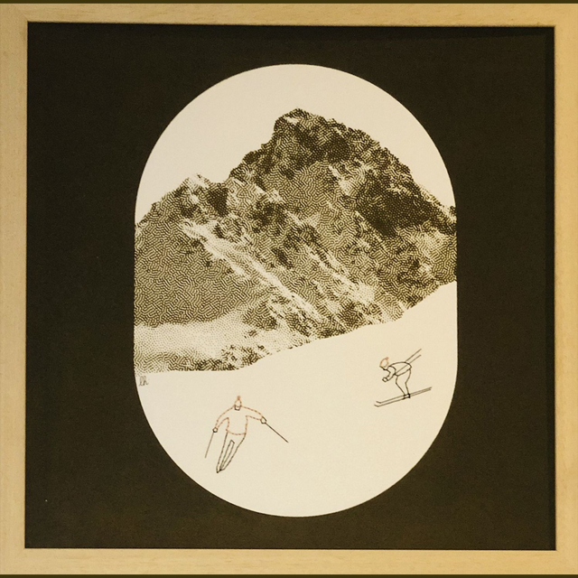 sérigraphie brodée skieur et shuss1, encadrée, 30X30 cm