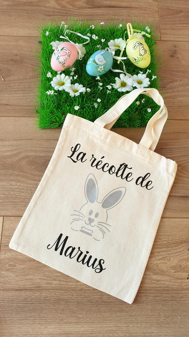 Sac de pâques lapin gris écriture noire