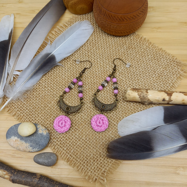 Boucles d&#039;oreille rose et bronze - Collection Ethnique