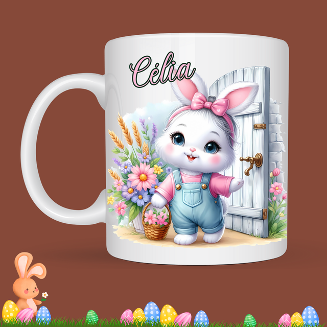 Mug de Pâques "Lapin blanc noeud rose", prénom au choix  