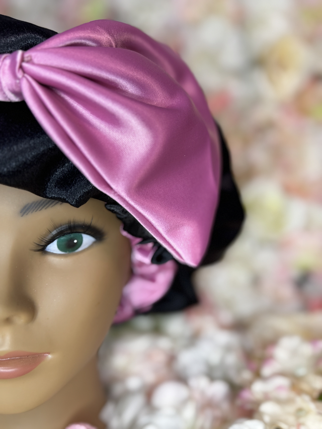 Bonnet en satin soie réversible rose & noir | Avec Nœud | Protection cheveux nuit | Anti-frisottis | Tailles S, M, L | Double face fait main