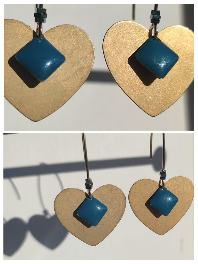 Coeurs dorés et email bleu paon, acier inoxydable doré -sans nickel, pièce unique 