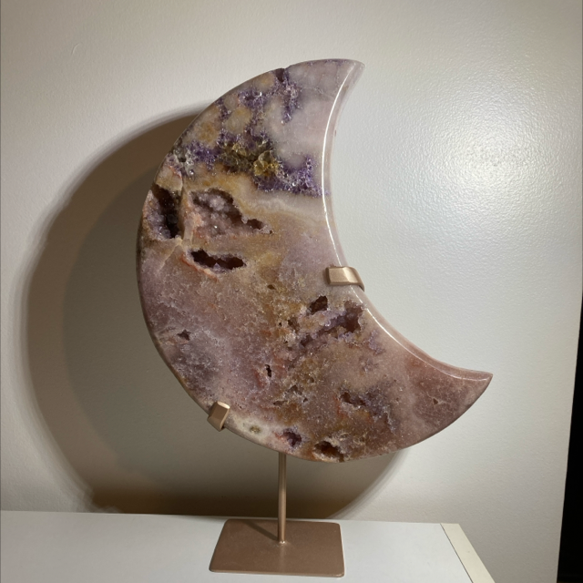 Pink Amethyst Druzy Large Moon on stand