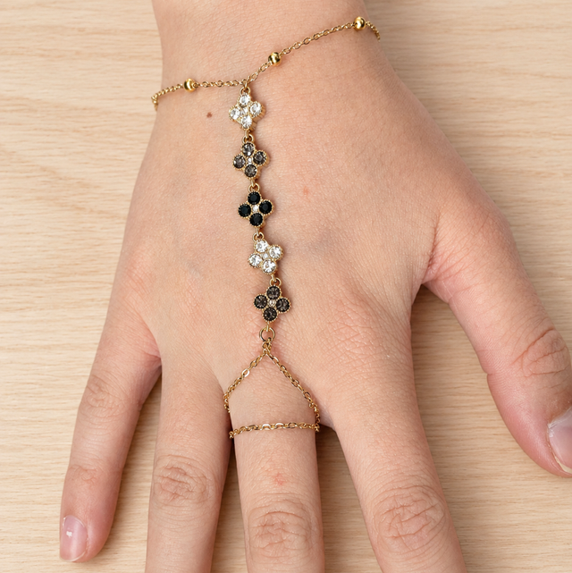 Bracelet bague fleurs noir et blanc