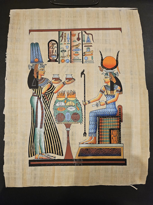 Ancient Egyptian Goddess Hathor & Sacred Offering Papyrus Art – Pharaonic Ceremony Wall Decor – 23 × 33 cm