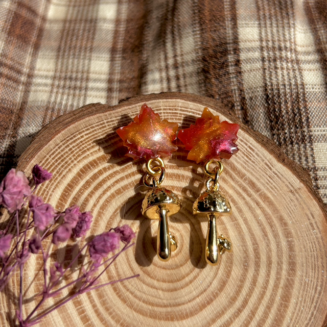 Cosy Autumn - Maple Leaf &amp; Mushroom Earrings 