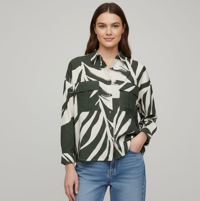 Chemise Courte Femme Imprimé Feuillage Vert et Blanc - Coupe Boxy