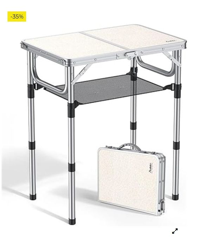 Anbte Mesa Plegable Camping, 59x40x26-48-70cm Mesa Playa Tres Alturas Ajustables Mesa Exterior Portátil Aluminio Reforzado
