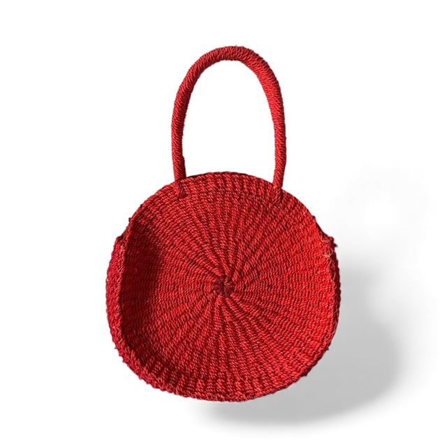 Sac à main rond en paille d'abaca rouge | Abaca Straw Round Handbag - Red