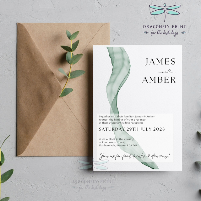 Sage green “Chiffon” Evening Wedding Reception Invitations – Elegant A6 Invitations with Optional Double-Sided Guest Information