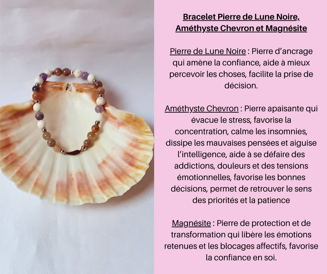158- Bracelet Pierre de Lune Noire- Améthyste Chevron et Magnésite