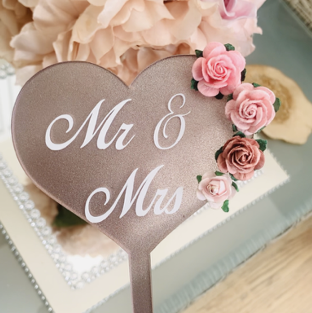 Mr &amp; Mrs Heart Acrylic Cake Topper Rose Blush