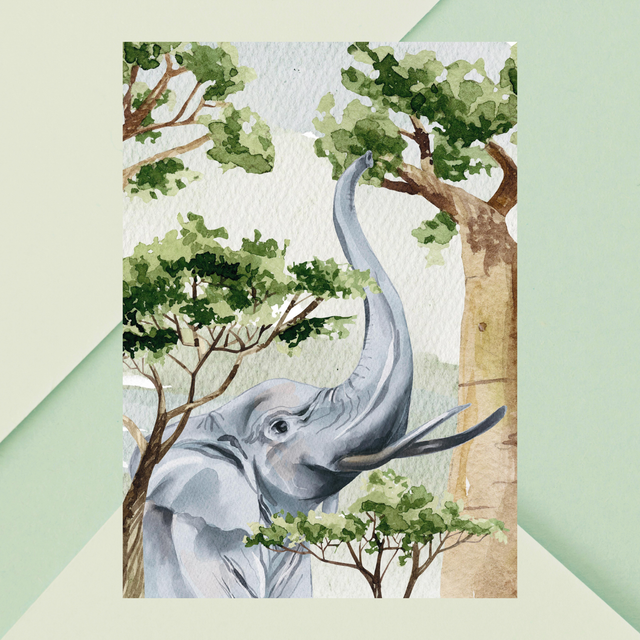 Impression d'Éléphant Attrapant une Branche dans la Savane - Décoration Sauvage / Elephant Reaching for a Branch Art Print - Savannah Wildlife Decor
