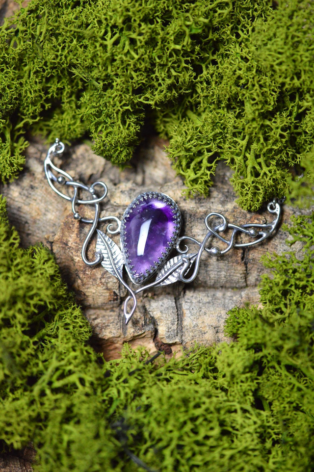 Collier Elfique - Améthyste, feuilles simples