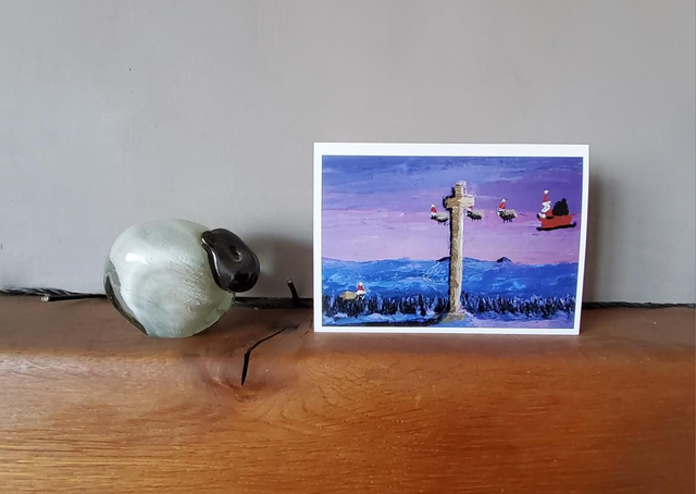 Father Christmas and his flying sheep over Young Ralph&#039;s Cross, North York Moors. A6 Card.