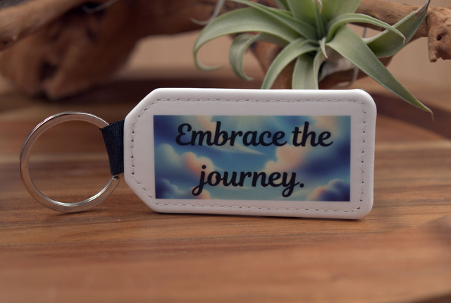 Key Ring – &quot;Embrace the Journey,&quot; Peaceful Sky Design, Double-Sided PU Leather Keychain