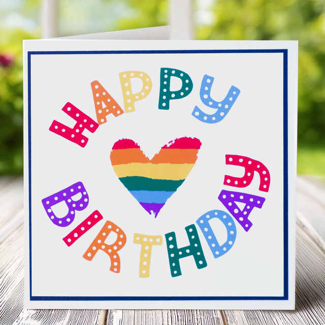 Birthday Card with Pride theme in vibrant rainbow tones.