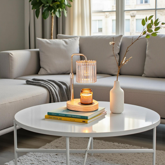 ‘Ribbed’ Amber Glass &amp; Light Wood Electric Candle Warmer