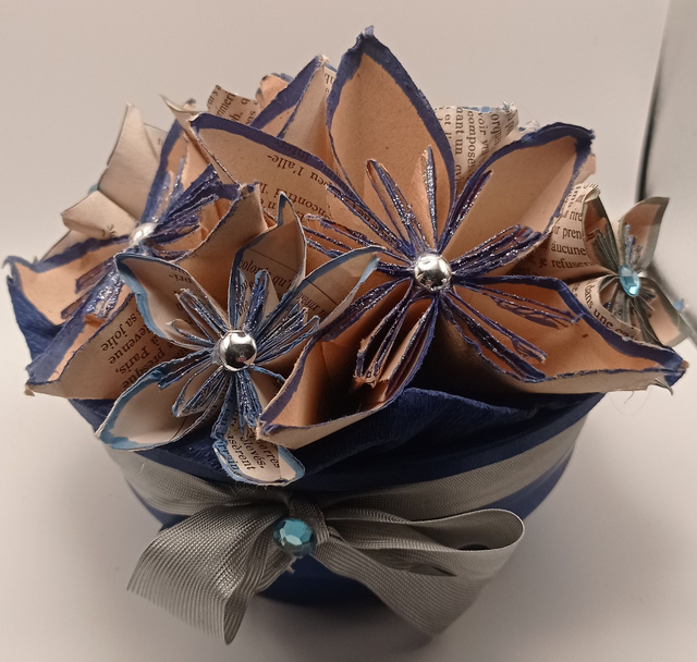 Pot Hexagonal bleu fleurs bleue et grise