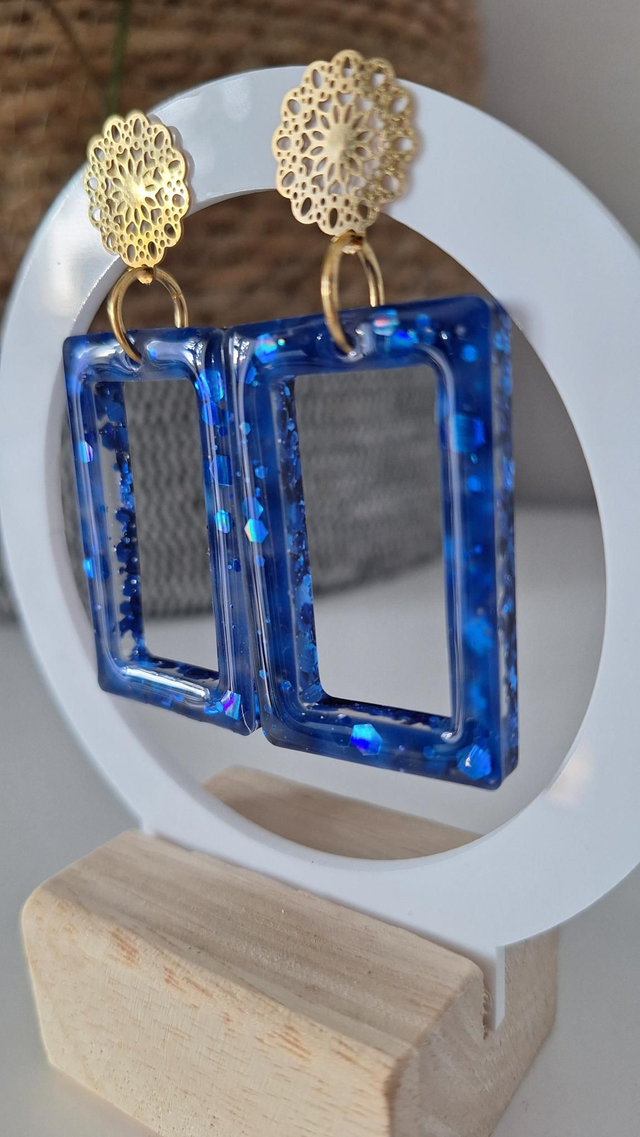 Boucles d&#039;oreilles rectangles paillettes bleues 
