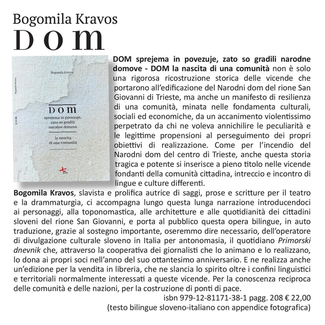 Bogomila Kravos, "DOM sprejema in povezuje, zato so gradili narodne domove-la nascita di una comunità" (trad. dell'autrice), qudulibri 2025