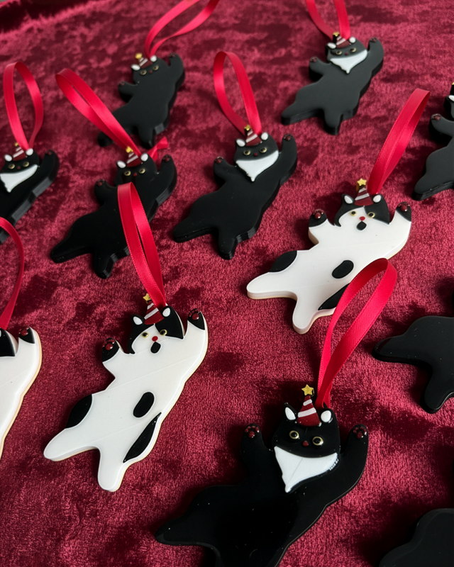 Handmade Climbing Cat Ornament | Black and White Christmas Decoration for Cat Lovers