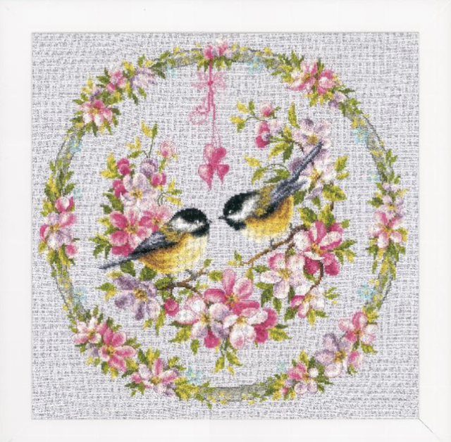 Great Tits Flower Wreath Cross Stitch Kit, Vervaco