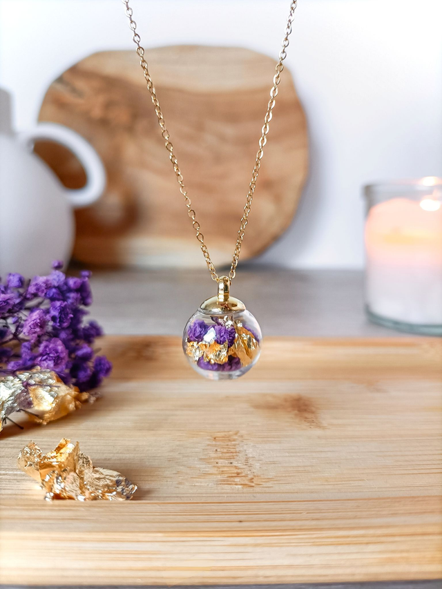 Collier pendentif en verre fleuri- Fleur de Minuit