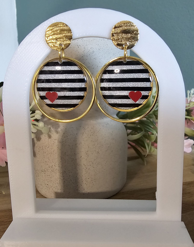 Clous d'oreilles 20mm OR DOUBLE -"Un Cœur à la Mer" — L'élégance au rythme des vagues-Noir coeur rouge