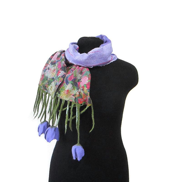 Sciarpa lana merino seta infeltrita fiori tulipani Sciarpa Fatto a mano viola lunga donna regali unici donne regalo ragazza Sciarpa bohémien