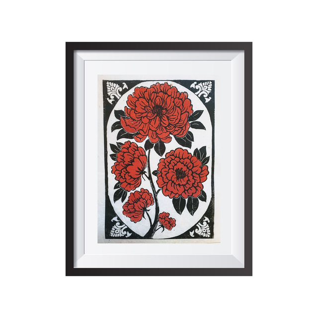 Red French rose linocut 