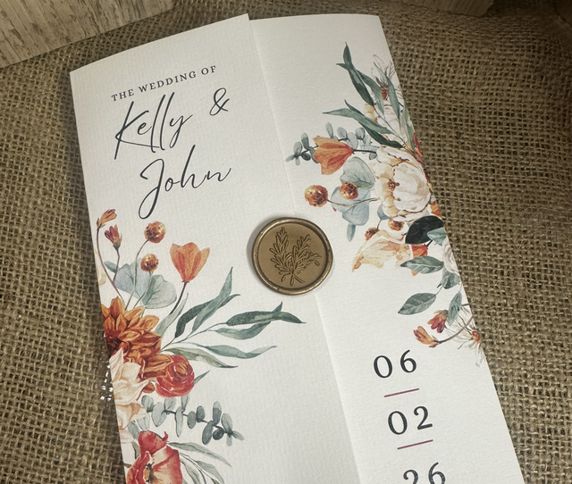 Burnt Orange florals gatefold Wedding Invitations – Personalised, Includes RSVP QR Code and Envelopes