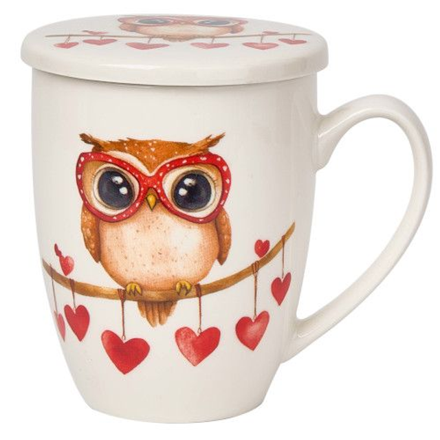 Taza owl-hearts, porc. 0,35 l. filtro y tapa. Incluye filtro de acero inoxidable, en caja de regalo. TAF75175