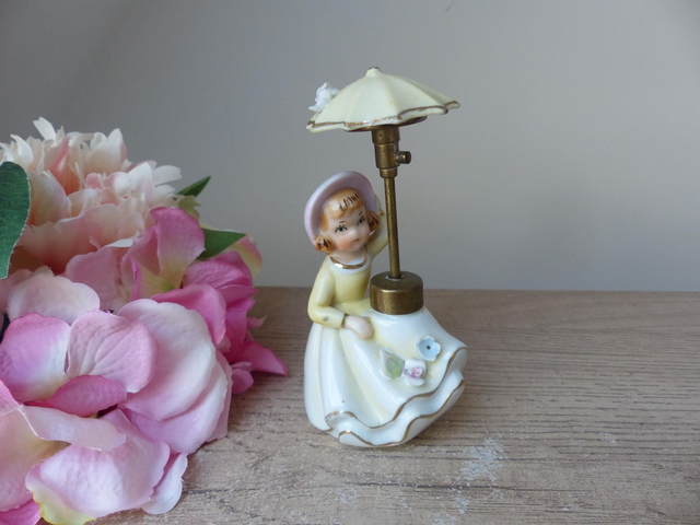 Vaporisateur en Porcelaine Vintage – Flacon de Parfum Femme au Parapluie – Années 1940–1960 – Décoration Coiffeuse ou Chambre – Objet Rare