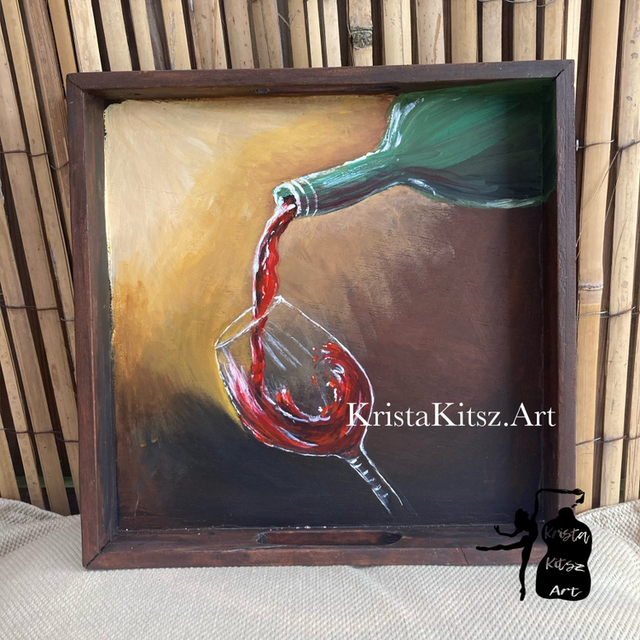 Kunst op hout, handbeschilderd decoratief dienblad, glas wijn en fles, vierkant 26 cm bruin rood groen Krista Kitsz Art