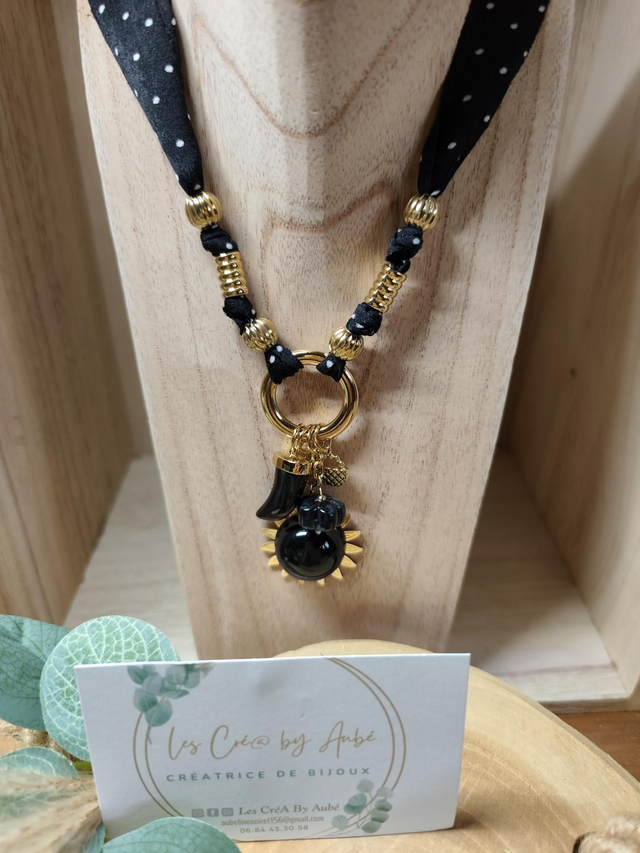 COLLIER SOLEIL/ BRELOQUES/ TISSU NOIR A POIS / ACIER INOXY GOLD 0001263