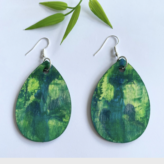 Wooden Hand-Painted Teardrop Earrings. 6cm long x 4cm wide. Green earrings. Yellow dangle earrings