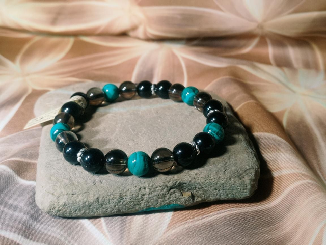 Bracelet Obsidienne Noire/ Quartz Fume/Malachite