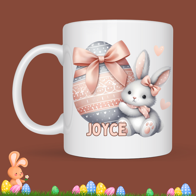 Mug de Pâques "Lapin mignon et son oeuf ", prénom au choix  