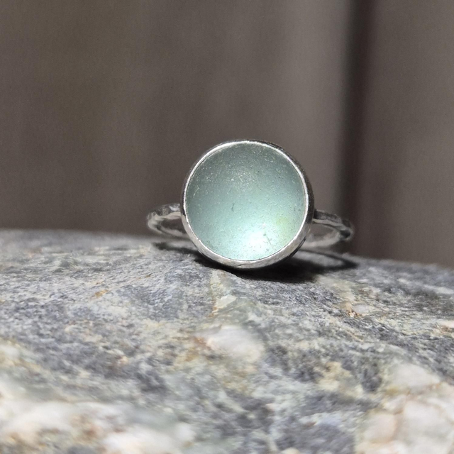 Size O Pale Aqua Codd Marble Sea Glass and Sterling Silver Ring Fully Hallmarked 